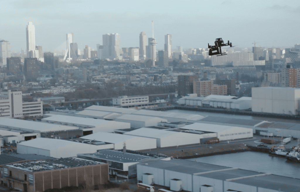 Transporting drone above Rotterdam