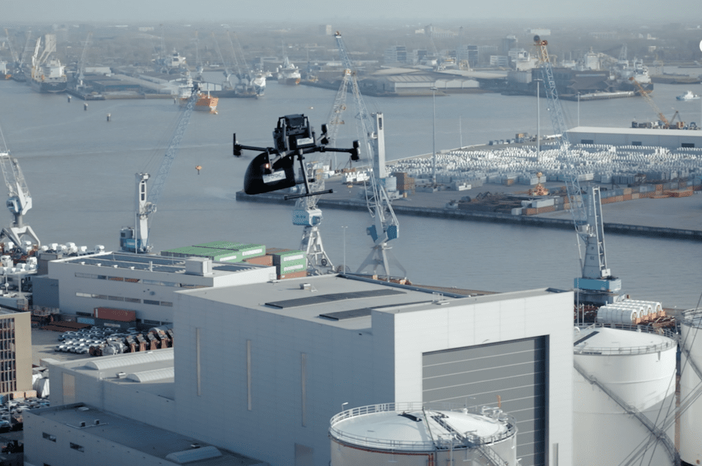 Transporting drone above Rotterdam